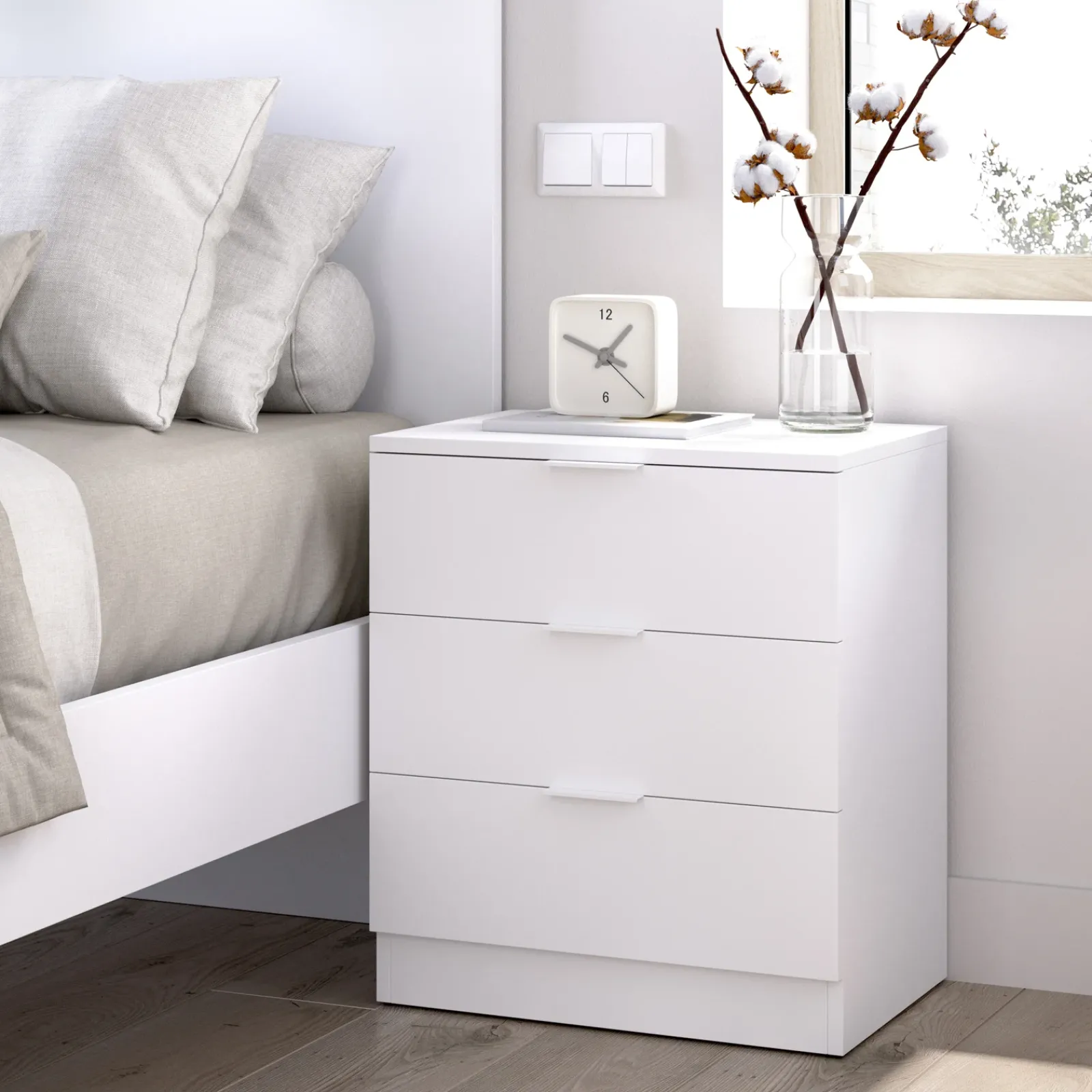Garnero Arredamenti Comodini|Comò-Comodino 50x58h cm 3 cassetti moderno bianco opaco Manuel