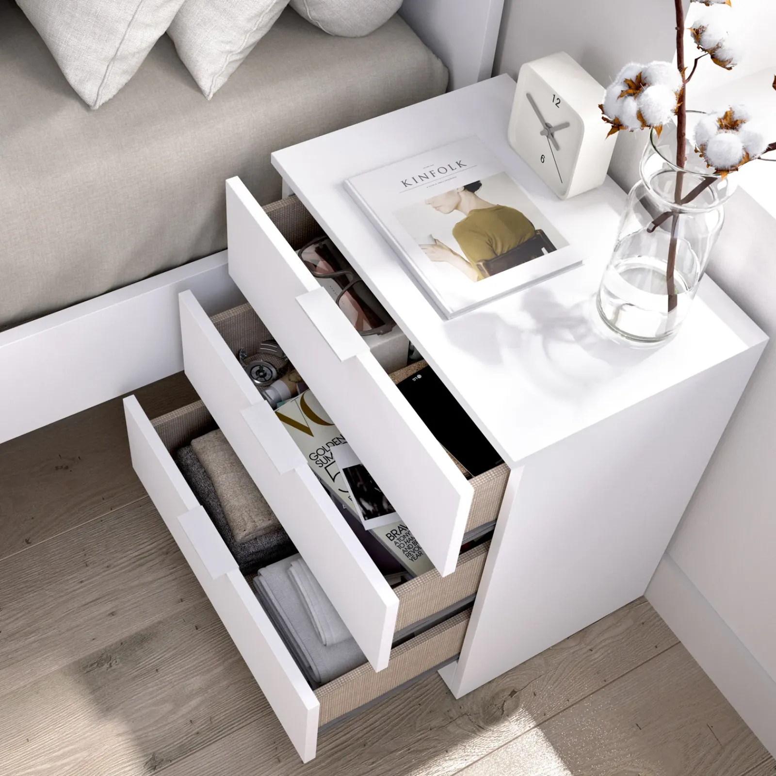 Garnero Arredamenti Comodini|Comò-Comodino 50x58h cm 3 cassetti moderno bianco opaco Manuel