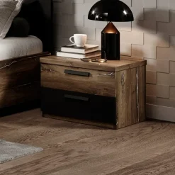 Garnero Arredamenti Comodini|Comò-Comodino 46x37h cm 2 cassetti moderno rovere scuro nero Vulcano Rovere Rustico