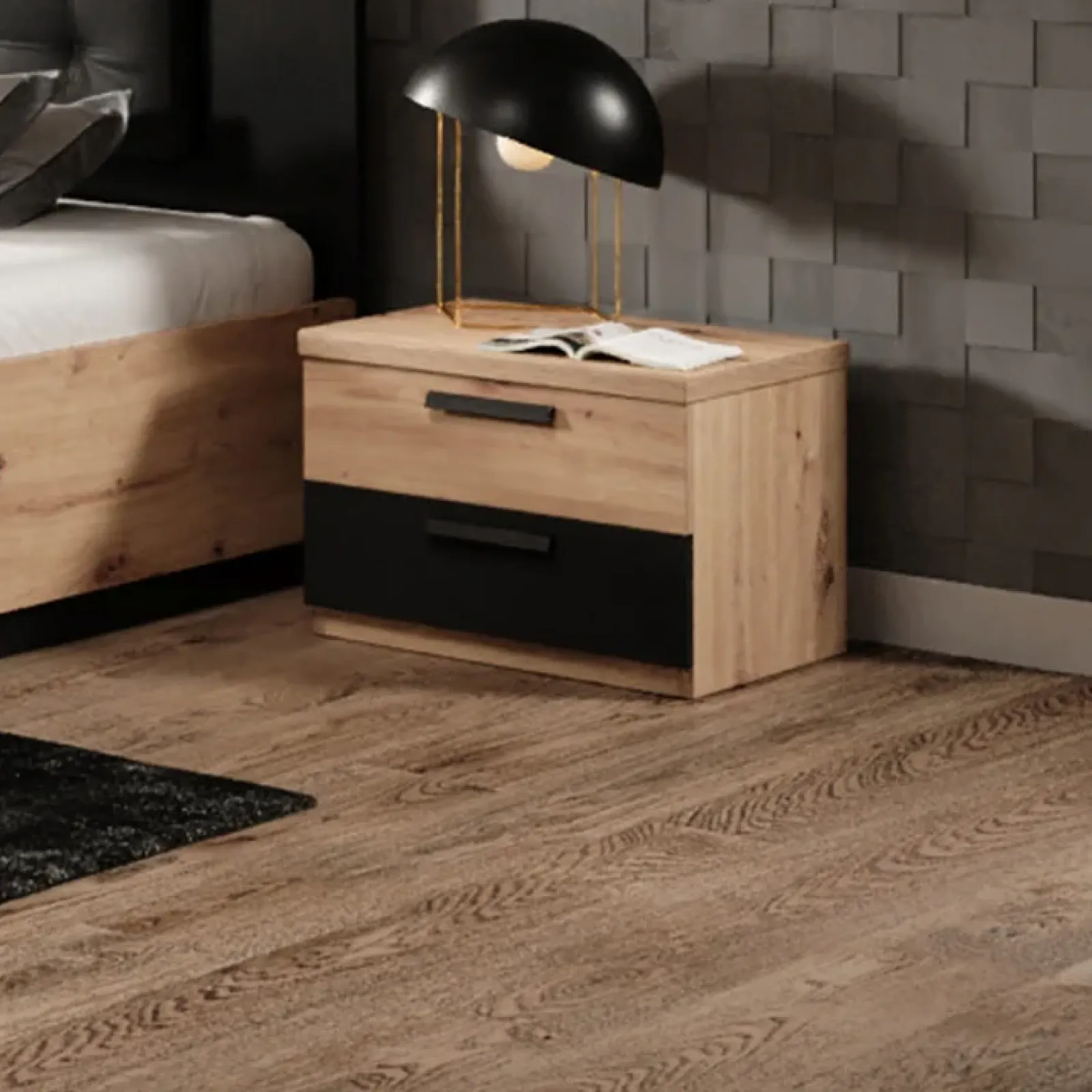 Garnero Arredamenti Comodini|Comò-Comodino 46x36h cm 2 cassetti moderno nero Vulcano Rovere