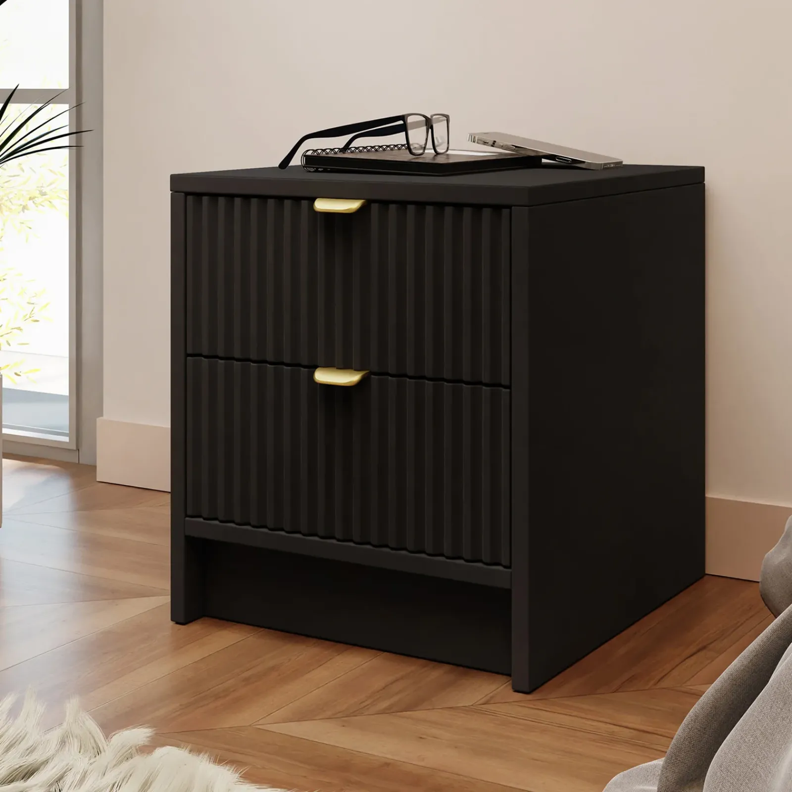 Garnero Arredamenti Comodini|Comò-Comodino 35x40h cm 2 cassetti cannettato nero Athena Nero Opaco