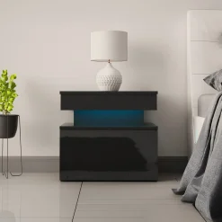 Garnero Arredamenti Comodini|Comò-Comodino 55x51h cm 1 cassetto con LED nero Lumus Nero Lucido