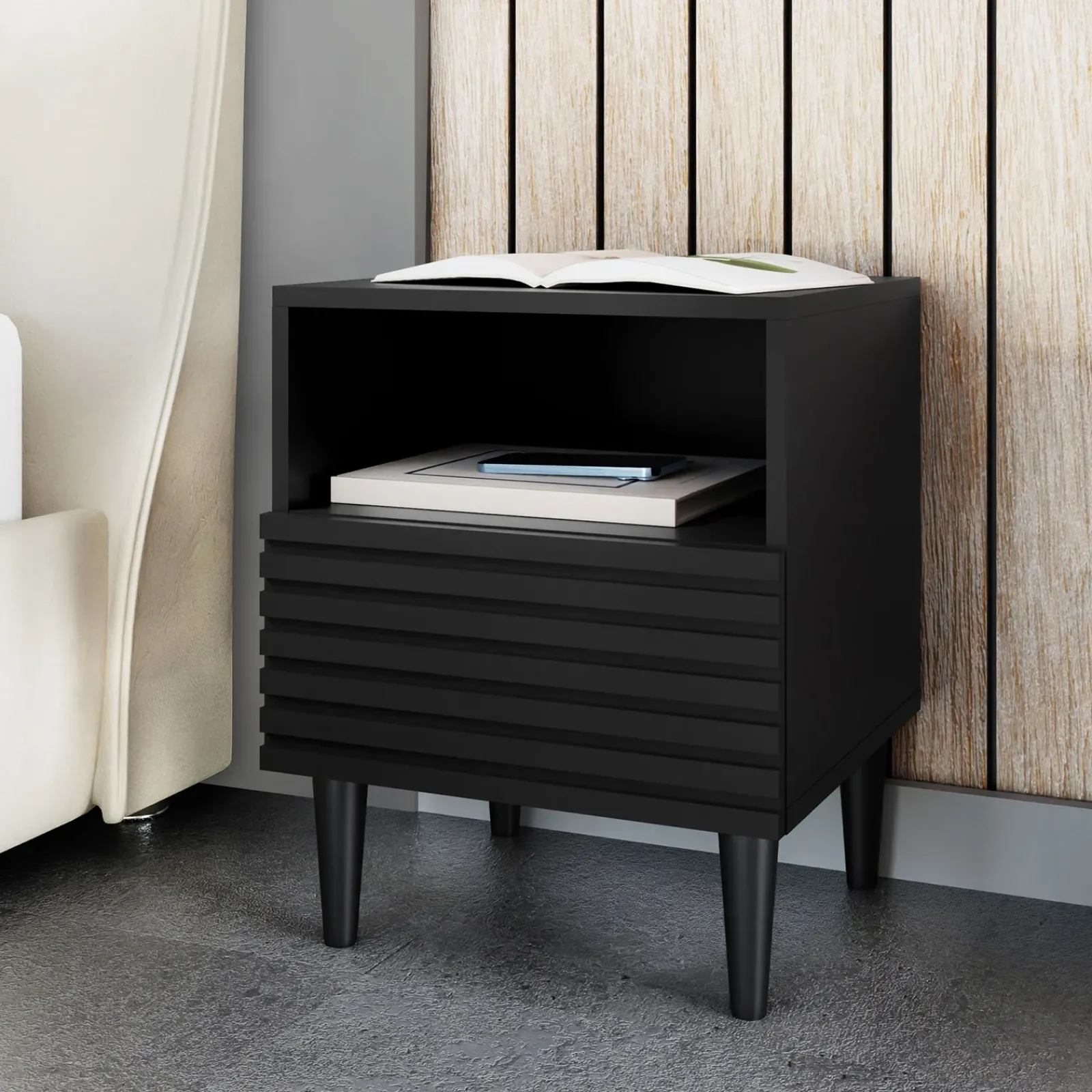 Garnero Arredamenti Comodini|Comò-Comodino 42x53h cm design cannettato moderno nero Flippo
