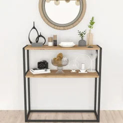 Garnero Arredamenti Consolle Fissa|Consolle Fissa-Consolle ingresso 2 ripiani industrial 90x90cm metallo rovere Basilan