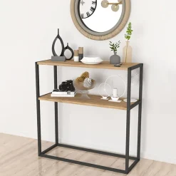 Garnero Arredamenti Consolle Fissa|Consolle Fissa-Consolle ingresso 2 ripiani industrial 90x90cm metallo rovere Basilan