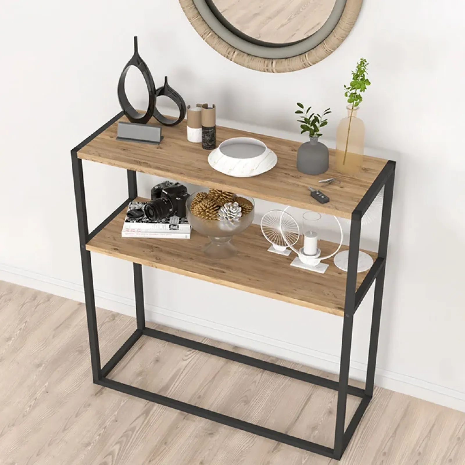 Garnero Arredamenti Consolle Fissa|Consolle Fissa-Consolle ingresso 2 ripiani industrial 90x90cm metallo rovere Basilan