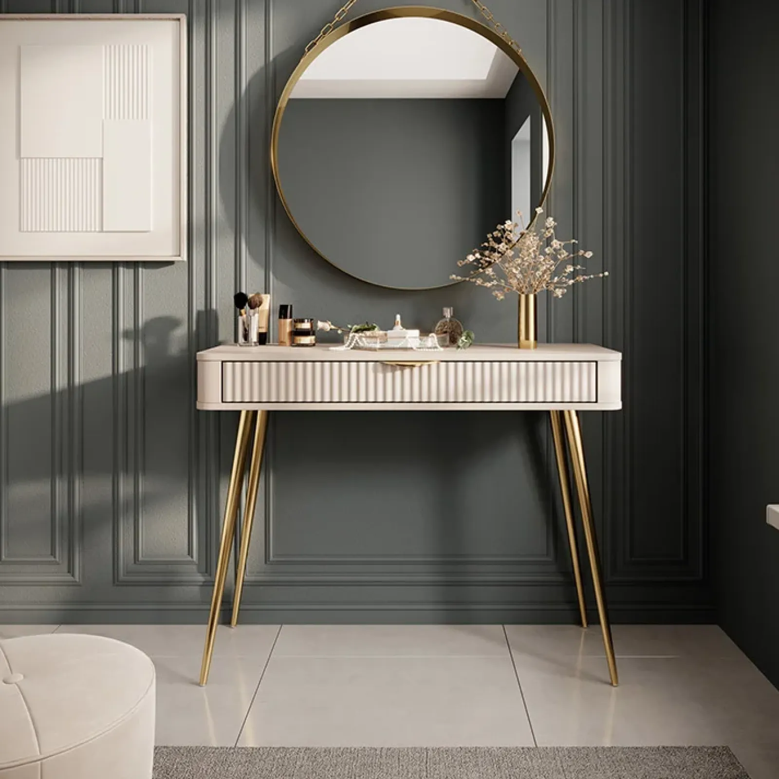 Garnero Arredamenti Consolle Fissa|Consolle Fissa-Consolle ingresso 100x78cm 1 cassetto cannettato Ramis Beige