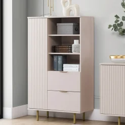 Garnero Arredamenti Credenza Alta-Credenza alta 80x140h cm 1 anta 2 cassetti cannettato moderna beige Vanessa