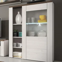 Garnero Arredamenti Credenza Alta|Credenze Moderne-Credenza alta 100x145h cm 1 anta con vetrina bianco frassinato rovere Paloma 2 Bianco Frassinato - Noce