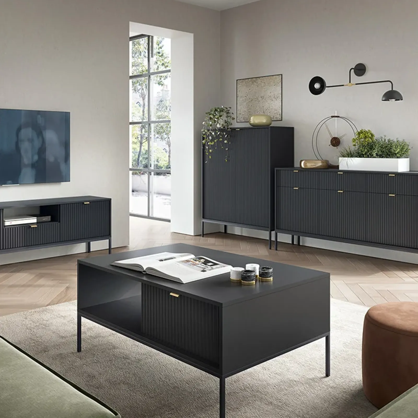 Garnero Arredamenti Credenze Moderne|Madie Moderne-Credenza alta 104x125h cm 2 ante moderna soggiorno nero Alisa Nero Opaco