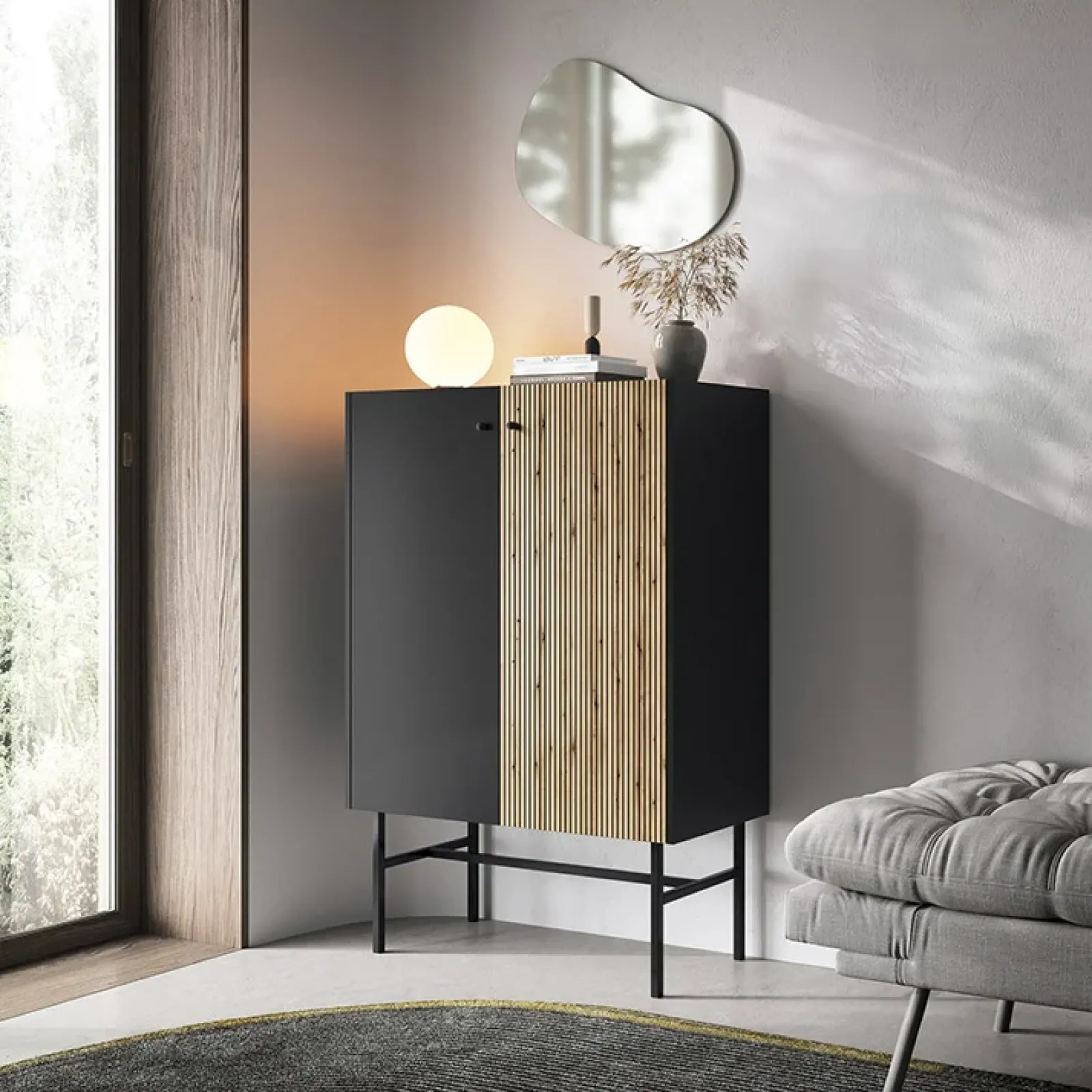 Garnero Arredamenti Credenza Alta|Credenze Moderne-Credenza alta 94x132h cm 2 ante moderna nero rovere cannettato Eterna Nero Opaco - Rovere Rustico