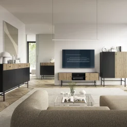 Garnero Arredamenti Credenza Alta|Credenze Moderne-Credenza alta 94x132h cm 2 ante moderna nero rovere cannettato Eterna Nero Opaco - Rovere Rustico