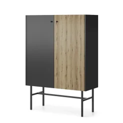 Garnero Arredamenti Credenza Alta|Credenze Moderne-Credenza alta 94x132h cm 2 ante moderna nero rovere cannettato Eterna Nero Opaco - Rovere Rustico