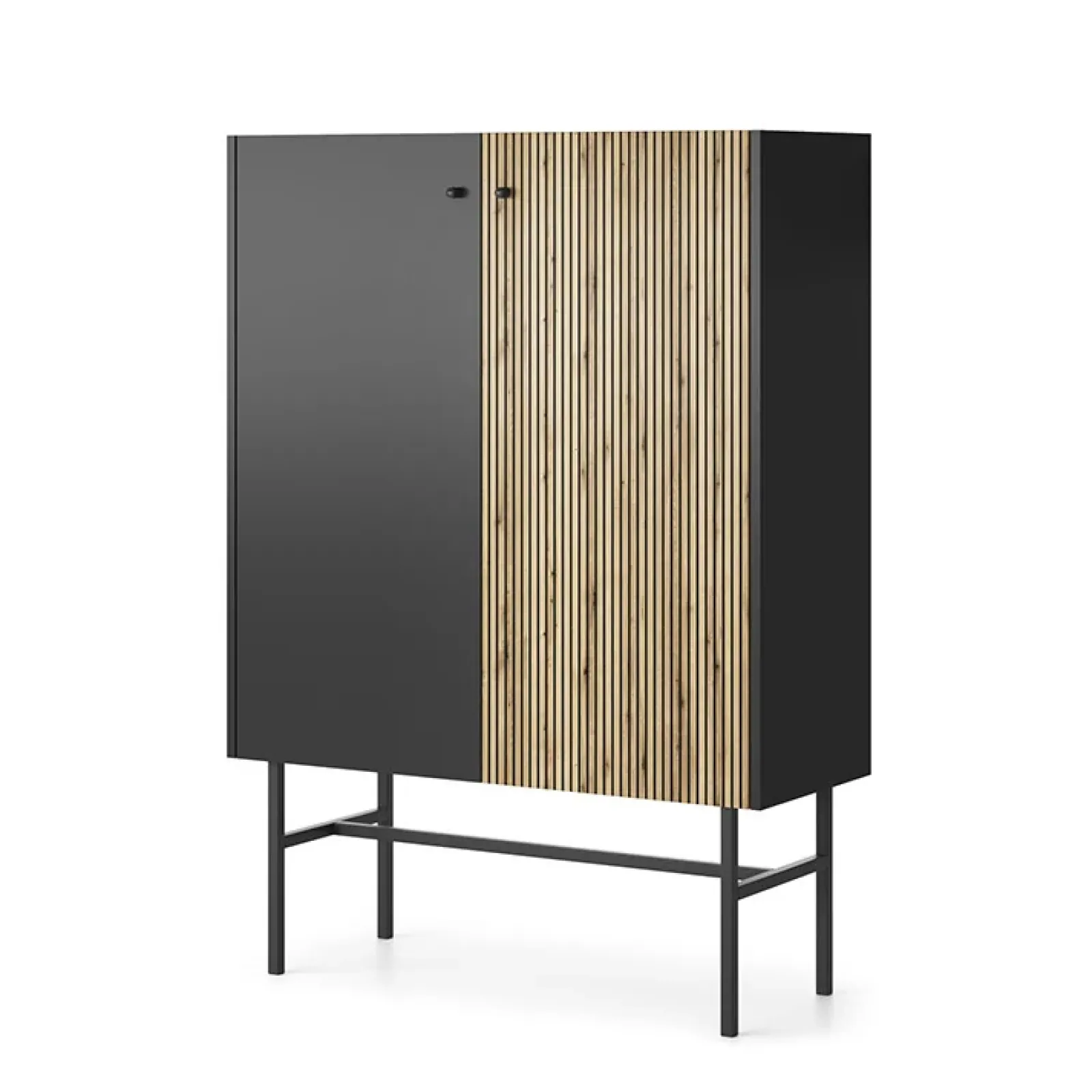 Garnero Arredamenti Credenza Alta|Credenze Moderne-Credenza alta 94x132h cm 2 ante moderna nero rovere cannettato Eterna Nero Opaco - Rovere Rustico