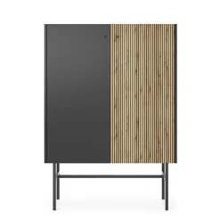 Garnero Arredamenti Credenza Alta|Credenze Moderne-Credenza alta 94x132h cm 2 ante moderna nero rovere cannettato Eterna Nero Opaco - Rovere Rustico