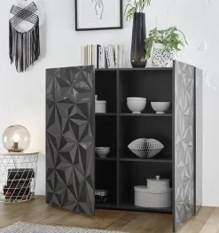 Garnero Arredamenti Credenza Alta|Credenze Moderne-Credenza alta 121x111h cm 2 ante grigio laccato lucido con serigrafia Marvis Antracite