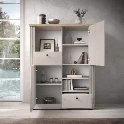 Garnero Arredamenti Credenze Moderne-Credenza alta 118x160h cm 2 ante 3 vani 2 cassetti rovere bianco frassinato Doria