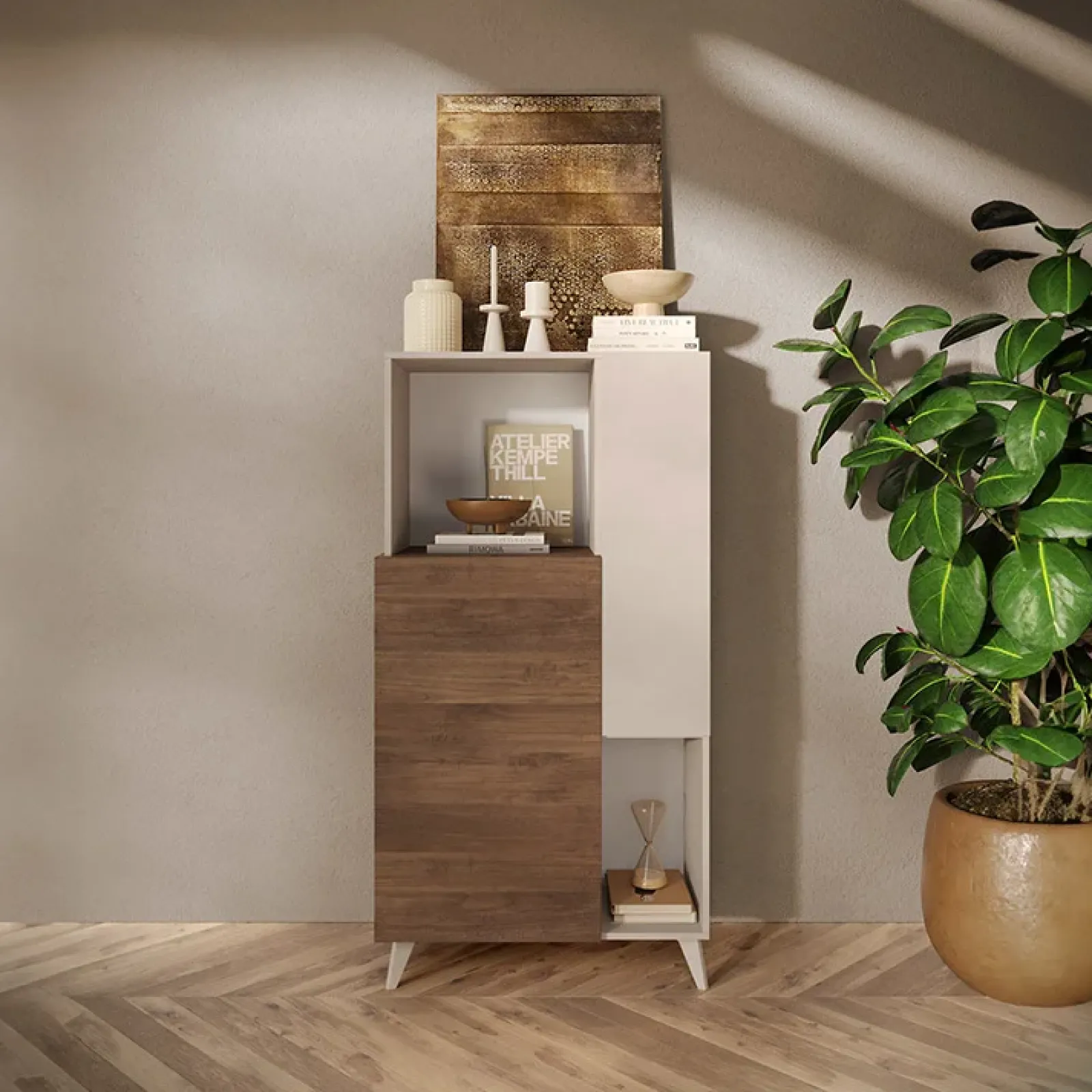 Garnero Arredamenti Credenza Alta|Credenze Moderne-Credenza alta 81x154h cm 2 ante beige rovere scuro Witty Noce - Beige