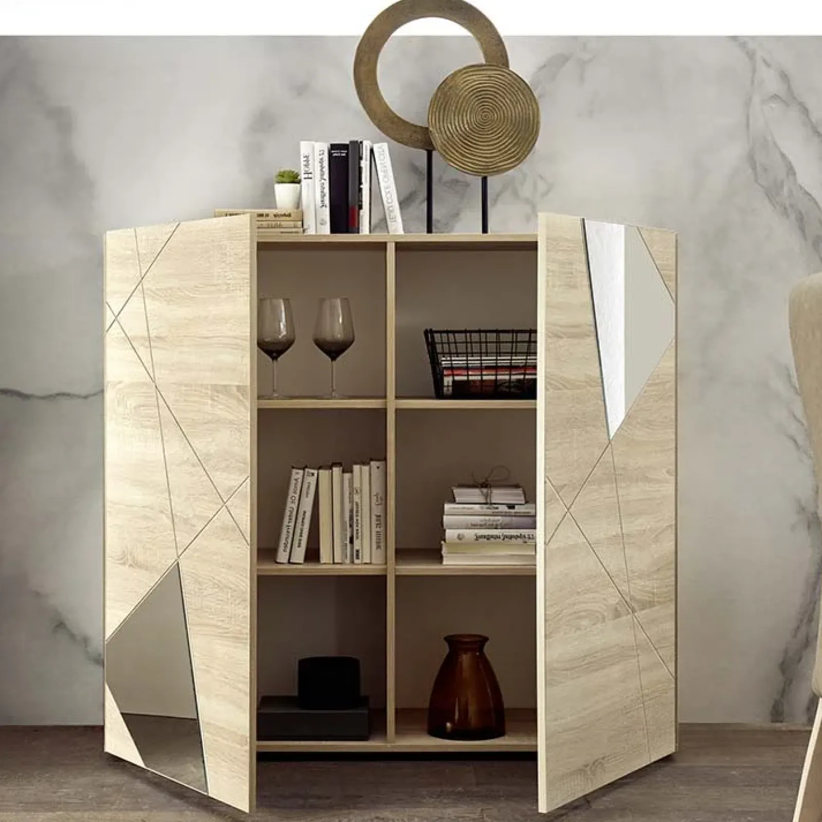 Garnero Arredamenti Credenza Alta-Credenza alta 121x111h cm 2 ante samoa specchio con serigrafia Olimpo Rovere