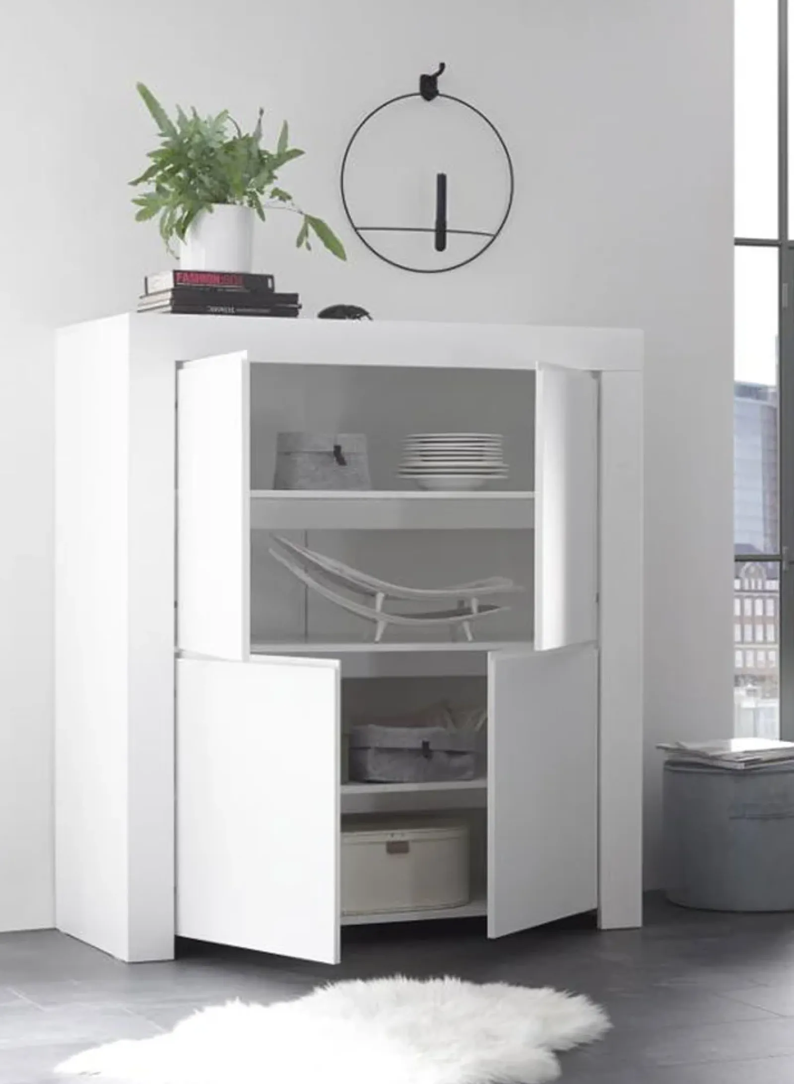 Garnero Arredamenti Credenza Alta-Credenza alta 110x140h cm 4 ante Halston Bianco Opaco