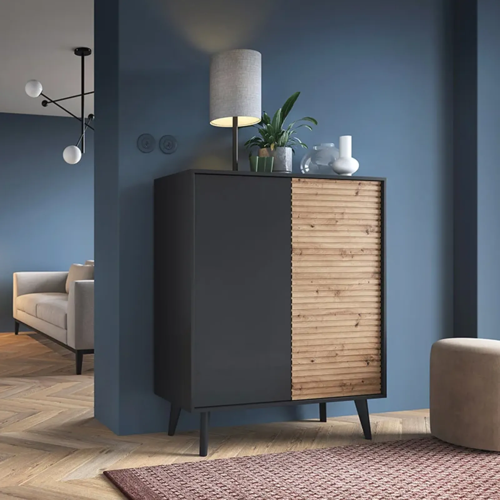 Garnero Arredamenti Credenza Alta-Credenza alta 104x125h cm 2 ante moderna rovere cannettato nero Tonk