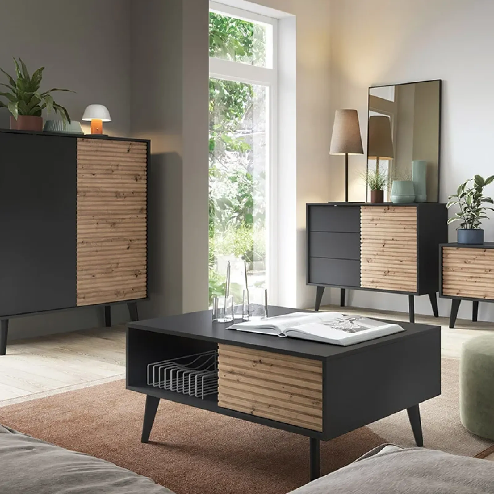 Garnero Arredamenti Credenza Alta-Credenza alta 104x125h cm 2 ante moderna rovere cannettato nero Tonk