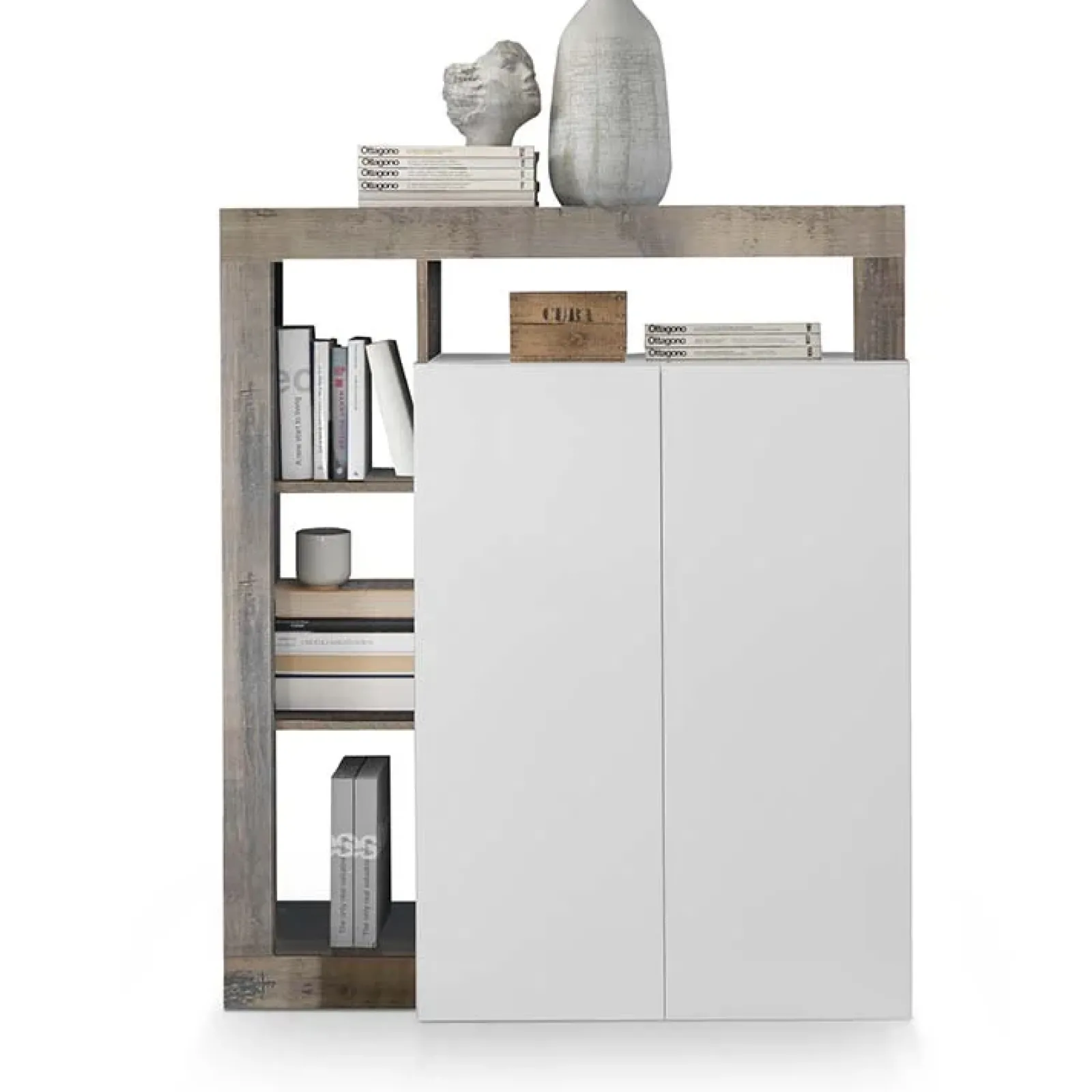 Garnero Arredamenti Credenza Alta|Credenze Moderne-Credenza alta 108x126h cm 2 ante soggiorno bianco lucido pero Invictus Rovere Rustico - Bianco Lucido