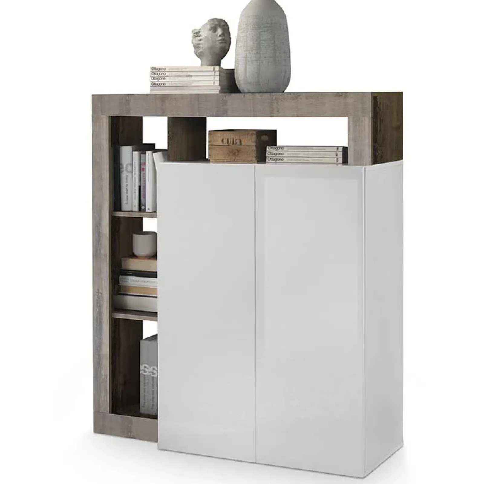 Garnero Arredamenti Credenza Alta|Credenze Moderne-Credenza alta 108x126h cm 2 ante soggiorno bianco lucido pero Invictus Rovere Rustico - Bianco Lucido