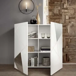 Garnero Arredamenti Credenza Alta-Credenza alta 121x111h cm 2 ante specchio con serigrafia Olimpo Bianco Lucido