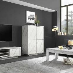Garnero Arredamenti Credenza Alta|Credenze Moderne-Credenza alta 92x145h cm 4 ante effetto Viking Marmo bianco