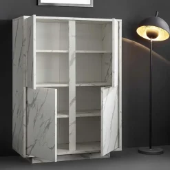 Garnero Arredamenti Credenza Alta|Credenze Moderne-Credenza alta 92x145h cm 4 ante effetto Viking Marmo bianco