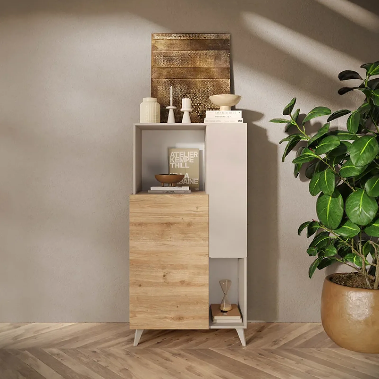 Garnero Arredamenti Credenza Alta|Credenze Moderne-Credenza alta 81x154h cm 2 ante beige rovere chiaro Witty Rovere - Beige