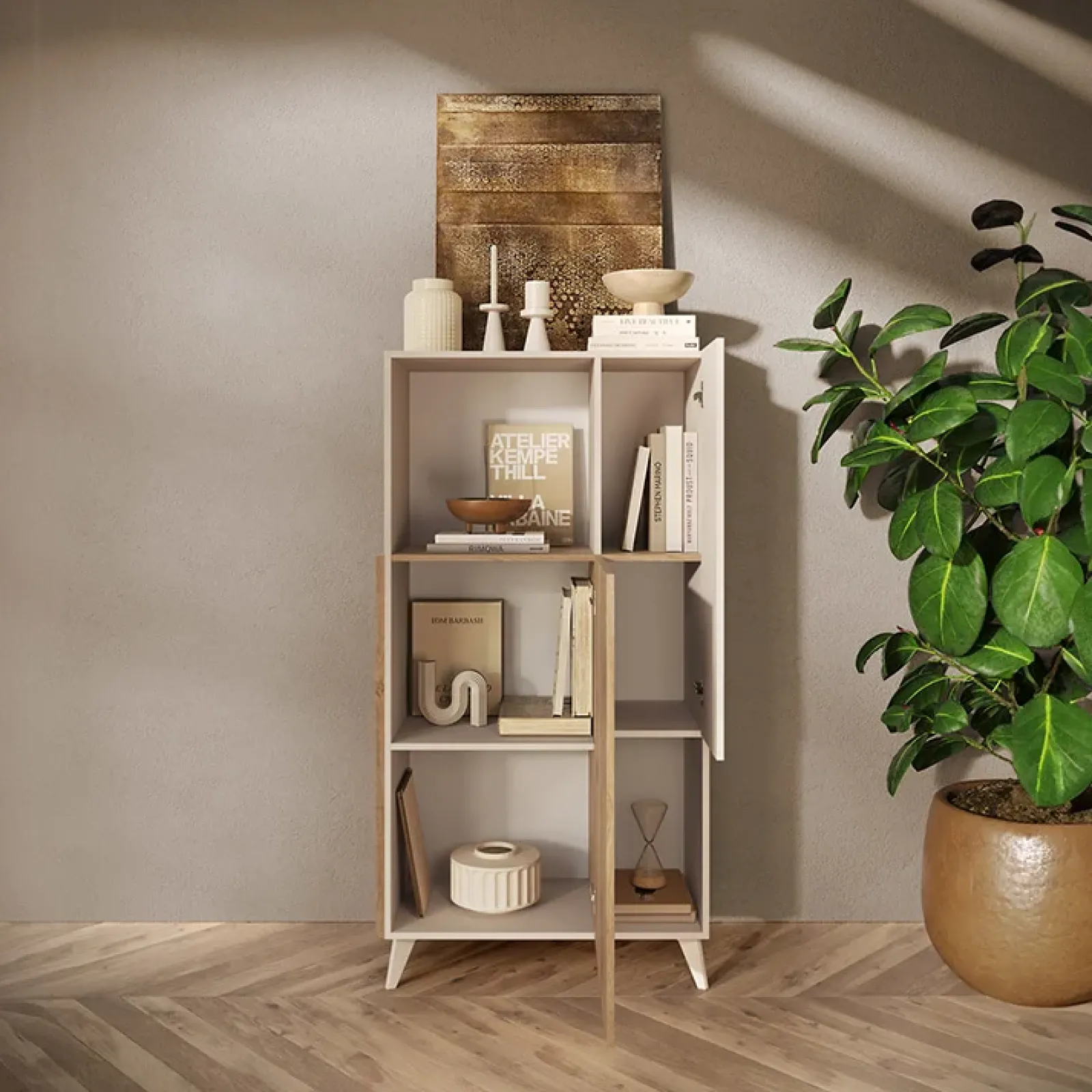 Garnero Arredamenti Credenza Alta|Credenze Moderne-Credenza alta 81x154h cm 2 ante beige rovere chiaro Witty Rovere - Beige