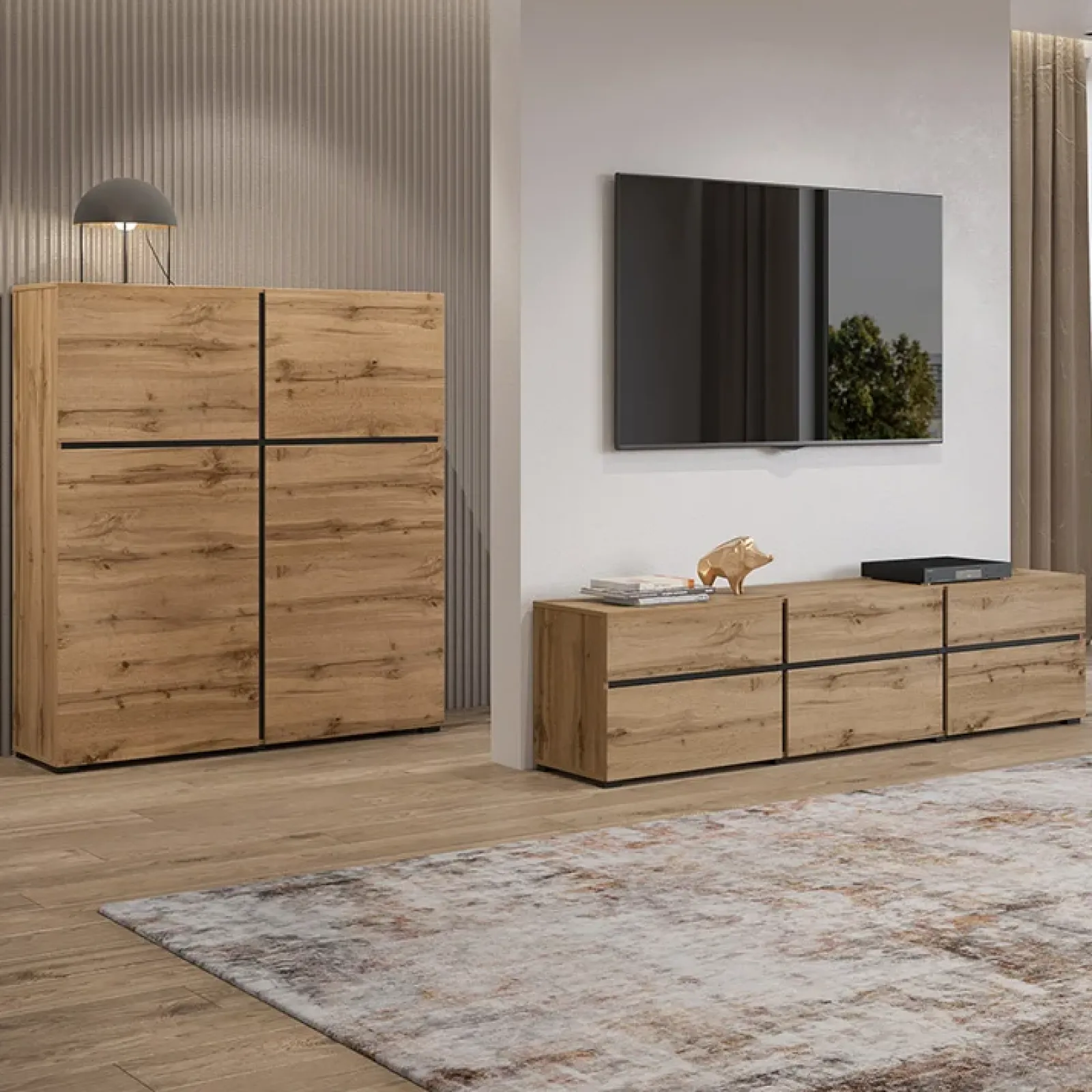 Garnero Arredamenti Credenza Alta|Credenze Moderne-Credenza alta 120x140h cm 4 ante moderna nero Lolla Rovere