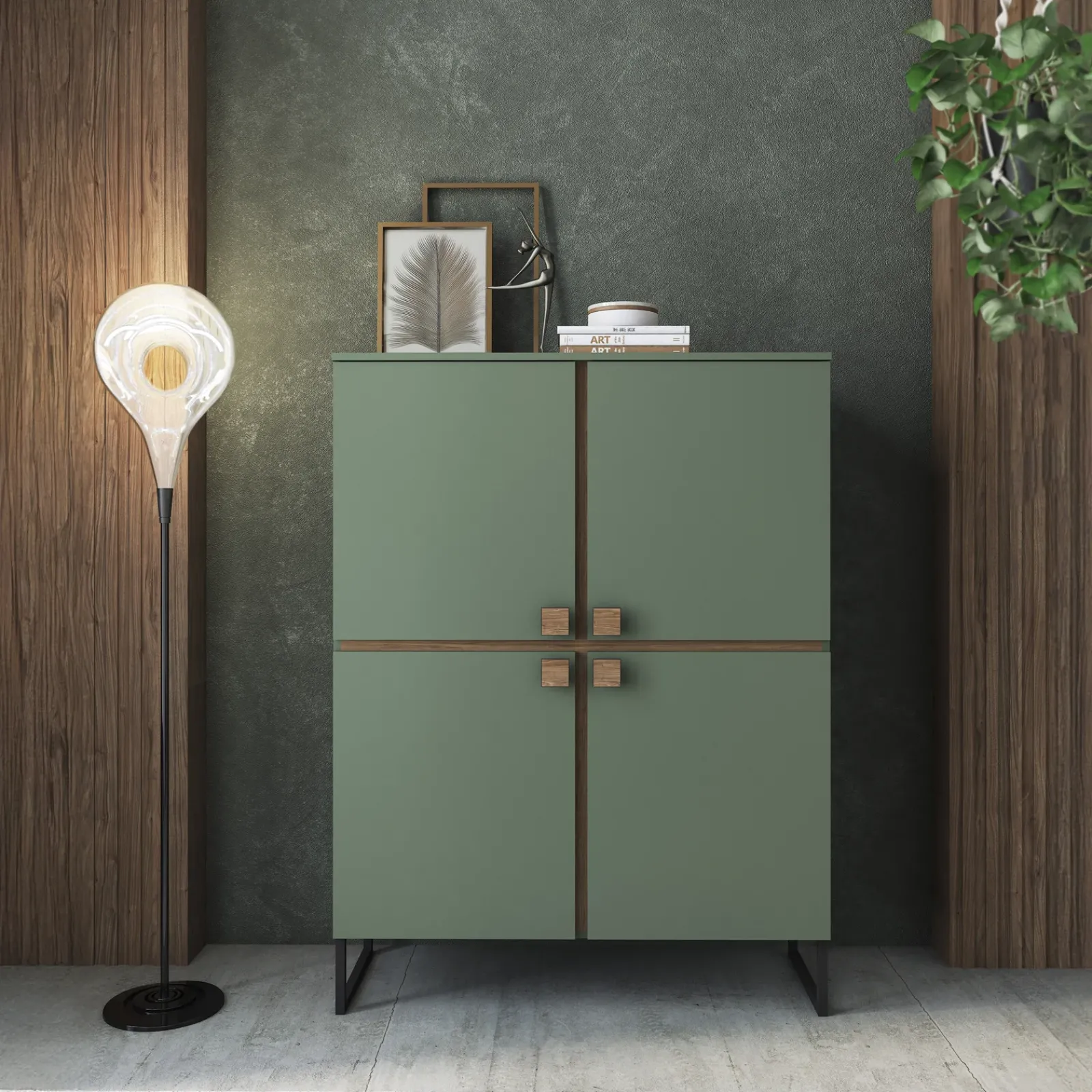 Garnero Arredamenti Credenza Alta-Credenza alta 108x144h cm 4 ante verde salvia scuro rovere Selvia