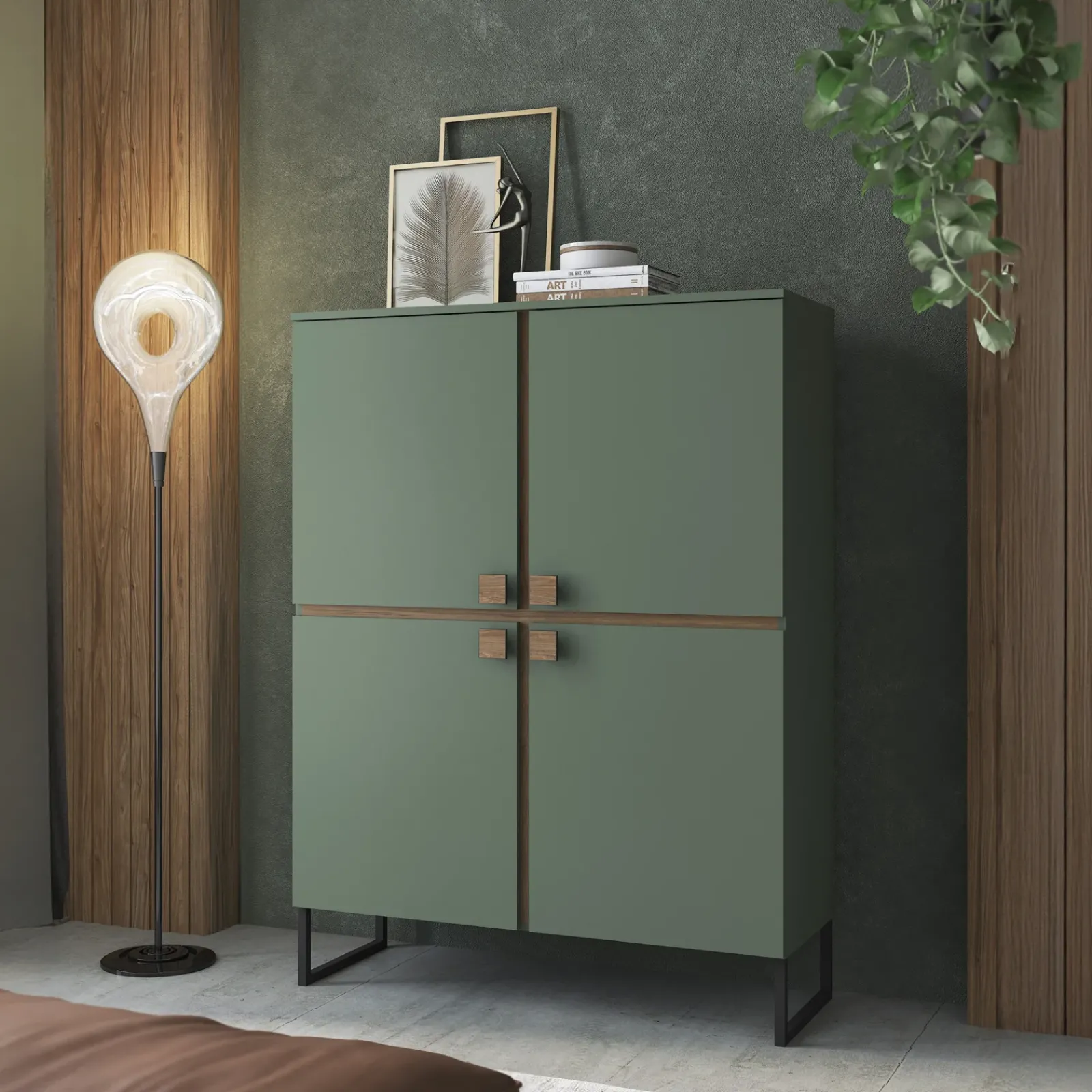 Garnero Arredamenti Credenza Alta-Credenza alta 108x144h cm 4 ante verde salvia scuro rovere Selvia