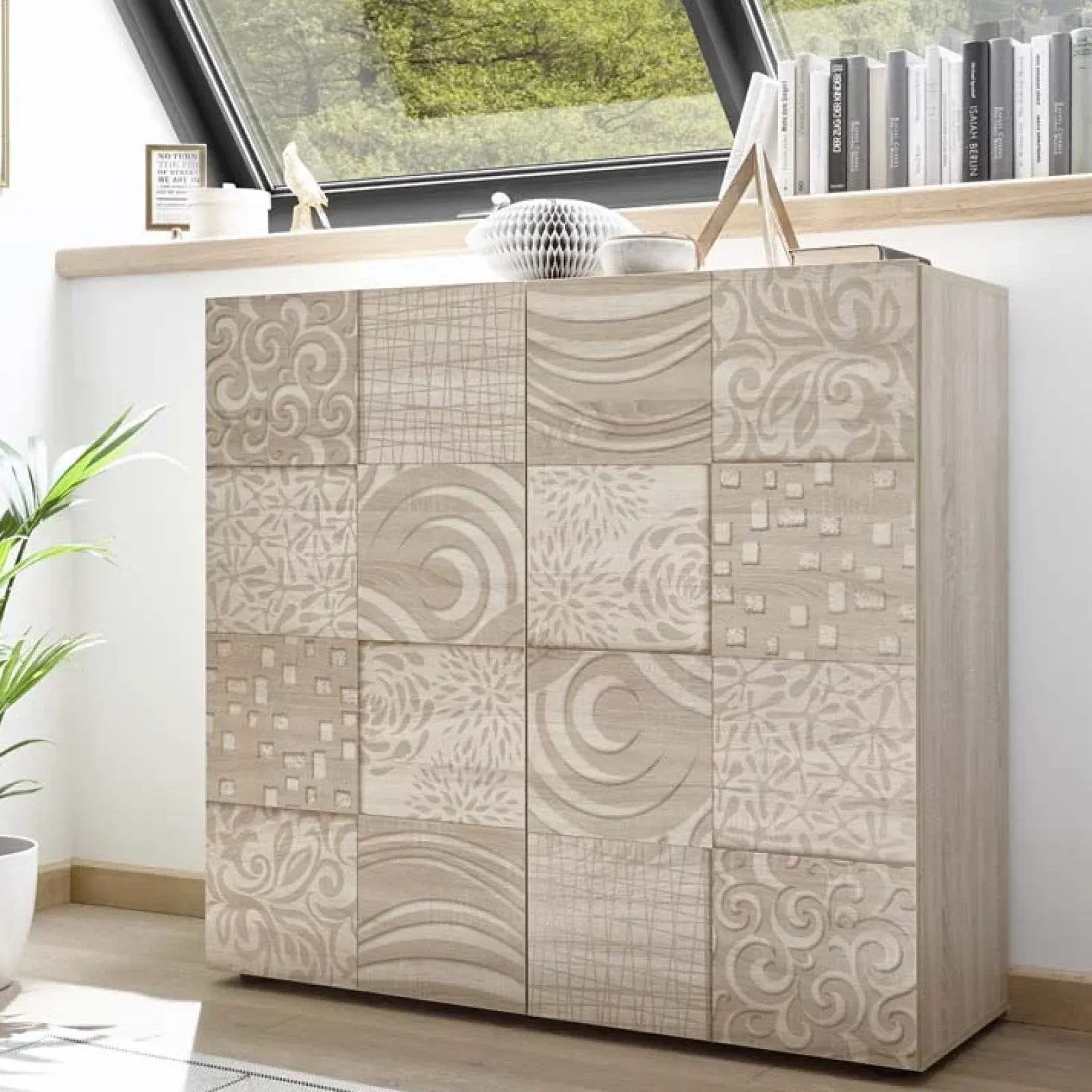 Garnero Arredamenti Credenza Alta-Credenza alta 121x111h cm 2 ante samoa con serigrafia Paradise Rovere