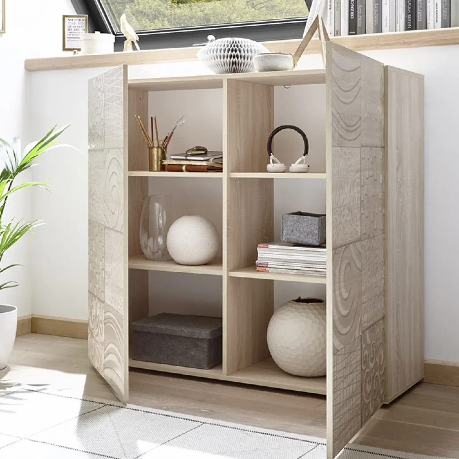 Garnero Arredamenti Credenza Alta-Credenza alta 121x111h cm 2 ante samoa con serigrafia Paradise Rovere