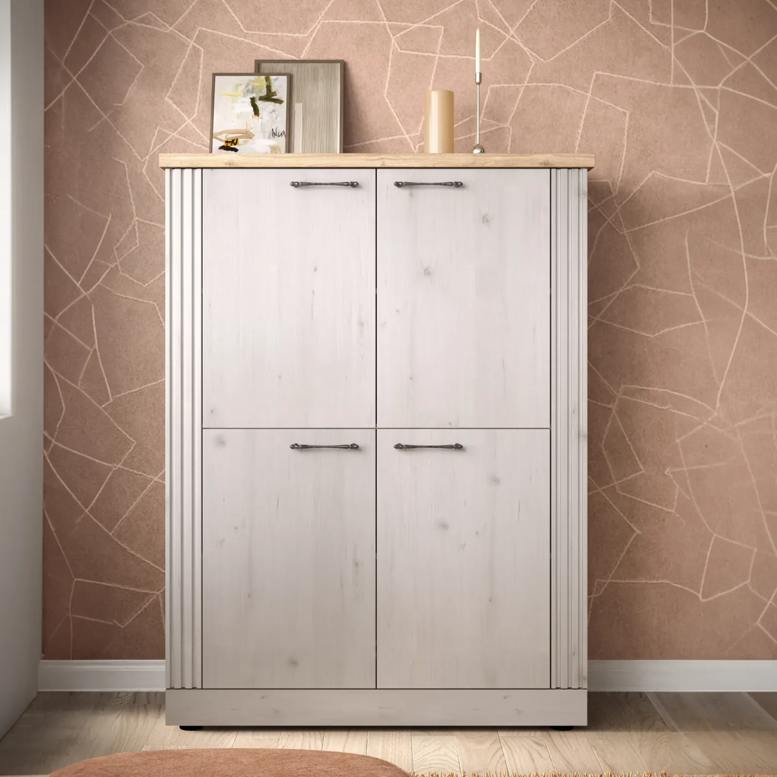 Garnero Arredamenti Credenza Alta|Credenze Moderne-Credenza alta 118x160h cm 4 ante rovere bianco frassinato Armonia