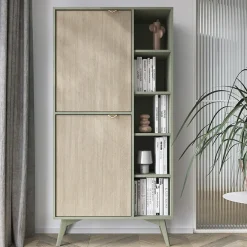 Garnero Arredamenti Credenza Alta-Credenza alta 80x160h cm 2 ante verde salvia rovere Myrta Rovere - Verde salvia