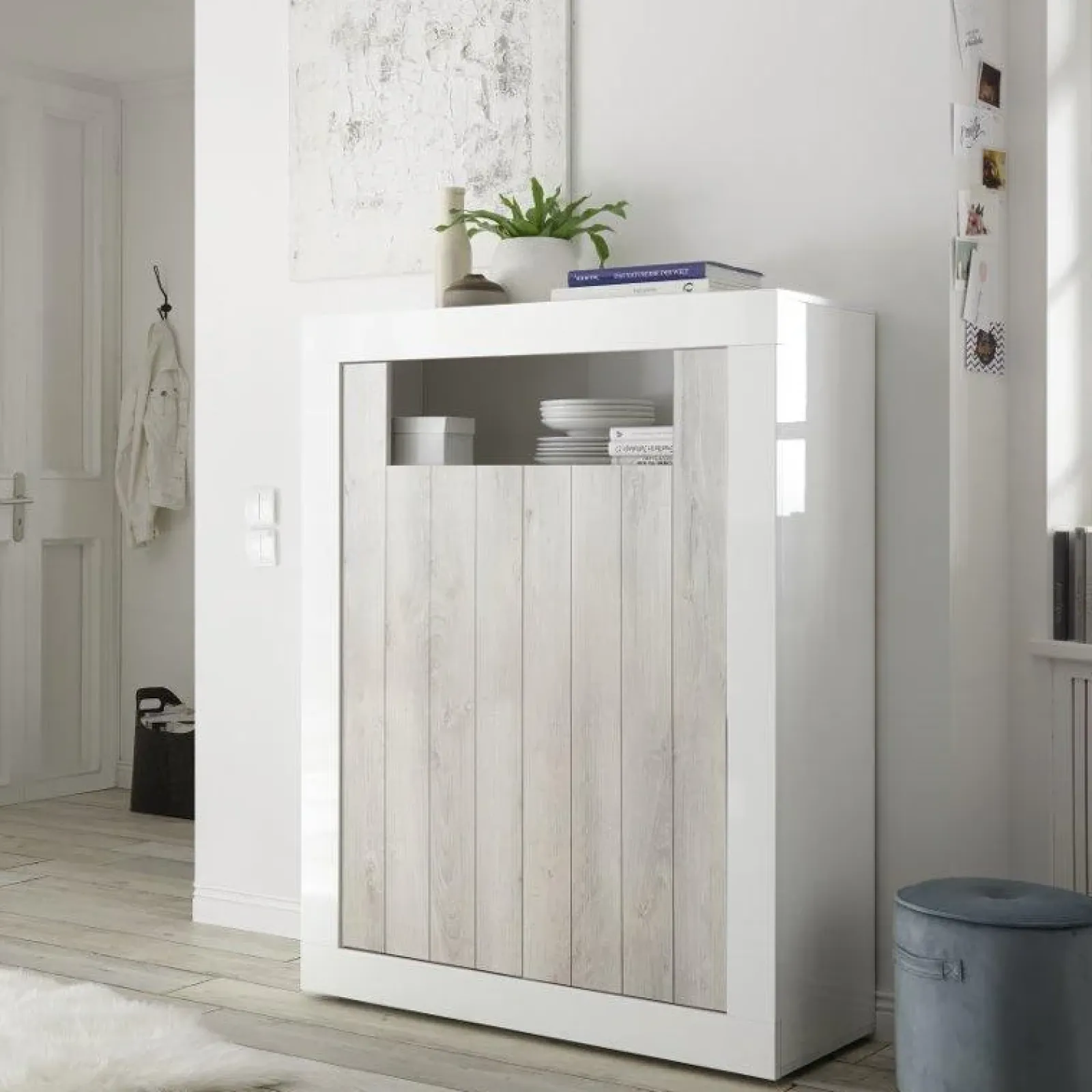 Garnero Arredamenti Credenza Alta-Credenza alta 110x144h cm 2 ante bianco lucido pino Florena Bianco Frassinato - Bianco Lucido