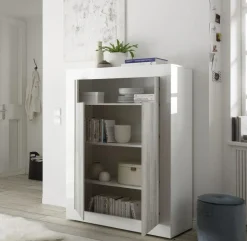 Garnero Arredamenti Credenza Alta-Credenza alta 110x144h cm 2 ante bianco lucido pino Florena Bianco Frassinato - Bianco Lucido