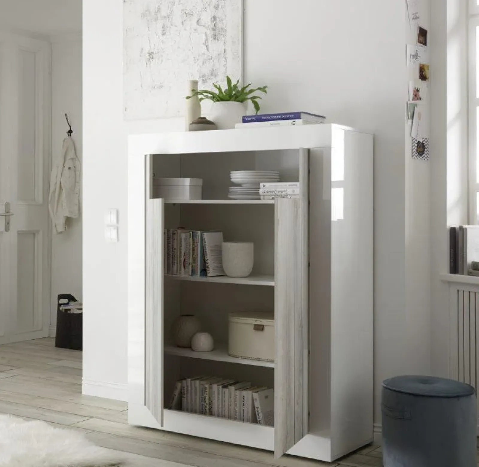 Garnero Arredamenti Credenza Alta-Credenza alta 110x144h cm 2 ante bianco lucido pino Florena Bianco Frassinato - Bianco Lucido