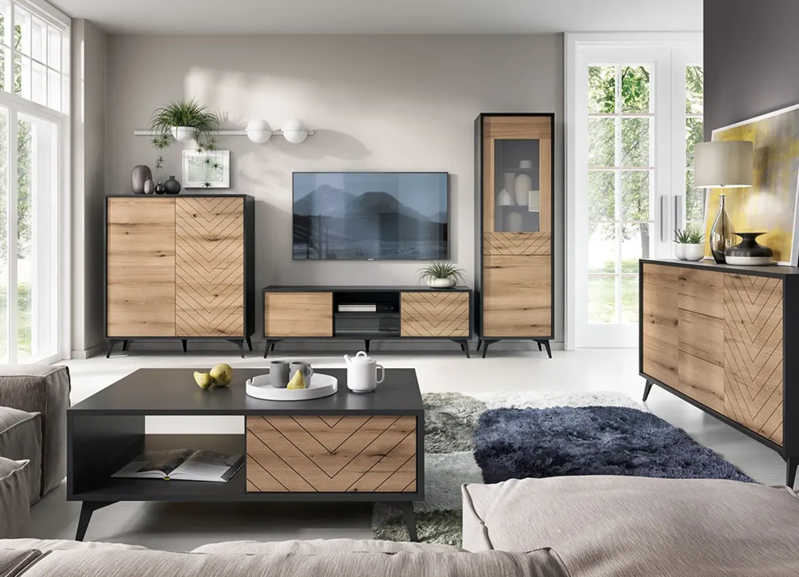 Garnero Arredamenti Credenze Moderne|Madie Moderne-Credenza alta 104x119h cm 2 ante moderna soggiorno quercia nero Becca