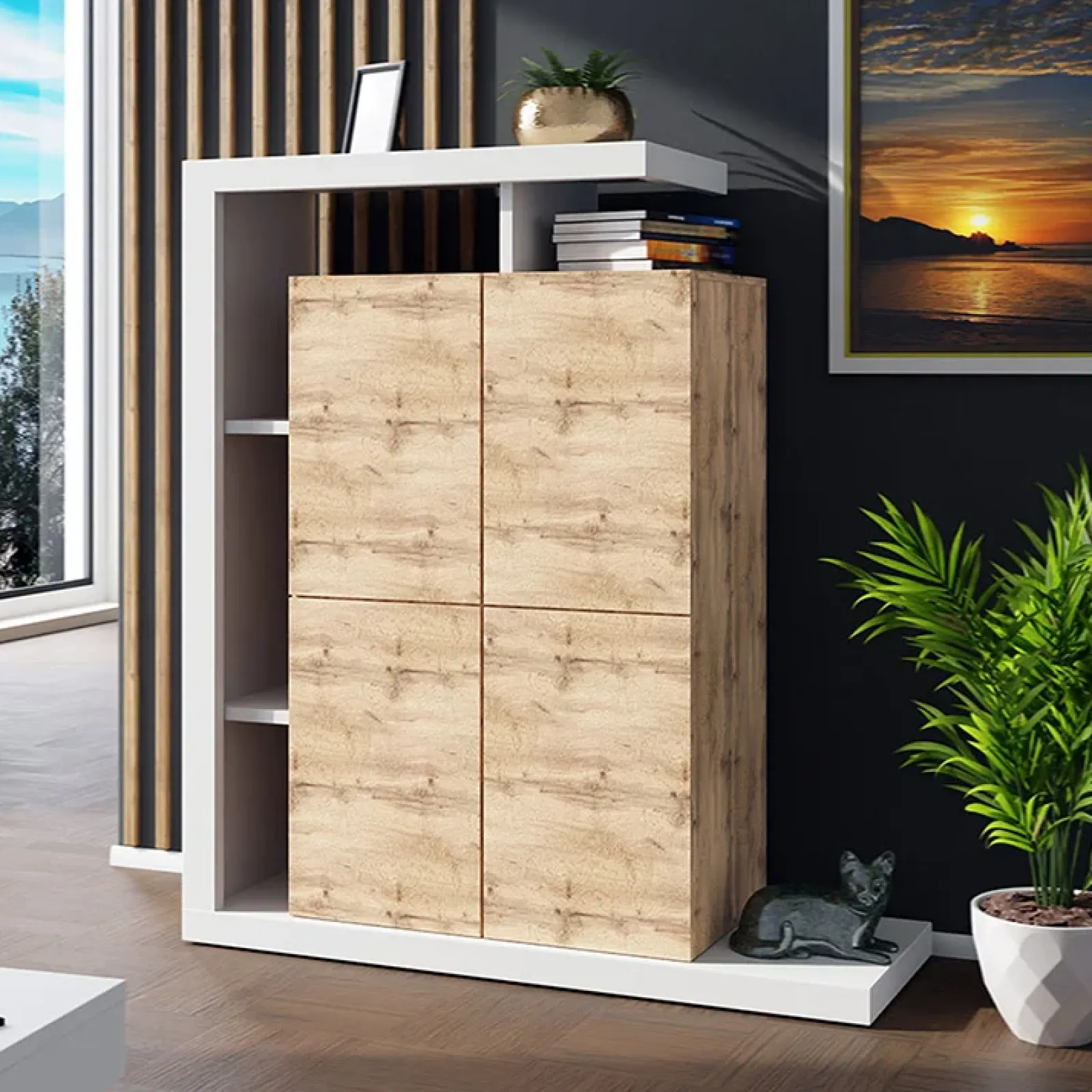 Garnero Arredamenti Credenza Alta|Credenze Moderne-Credenza alta 129x151h cm moderna bianco rovere Pabla