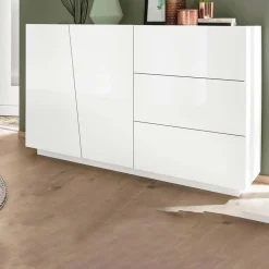 Garnero Arredamenti Credenze Moderne|Madie Moderne-Credenza moderna 140x86h cm 2 ante 3 cassetti Candia Gihome® Bianco Lucido