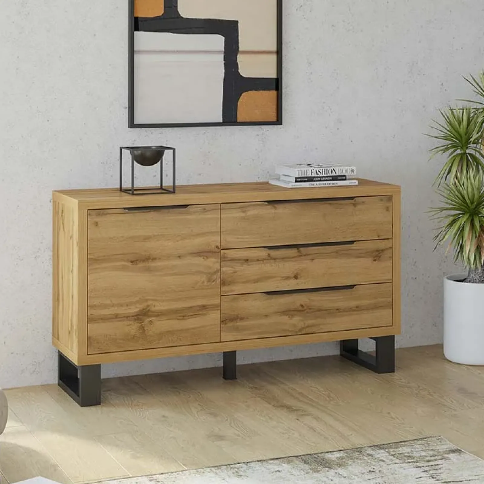 Garnero Arredamenti Credenze Moderne|Madie Moderne-Credenza 144x83h cm 1 anta 3 cassetti moderna quercia nero Petra