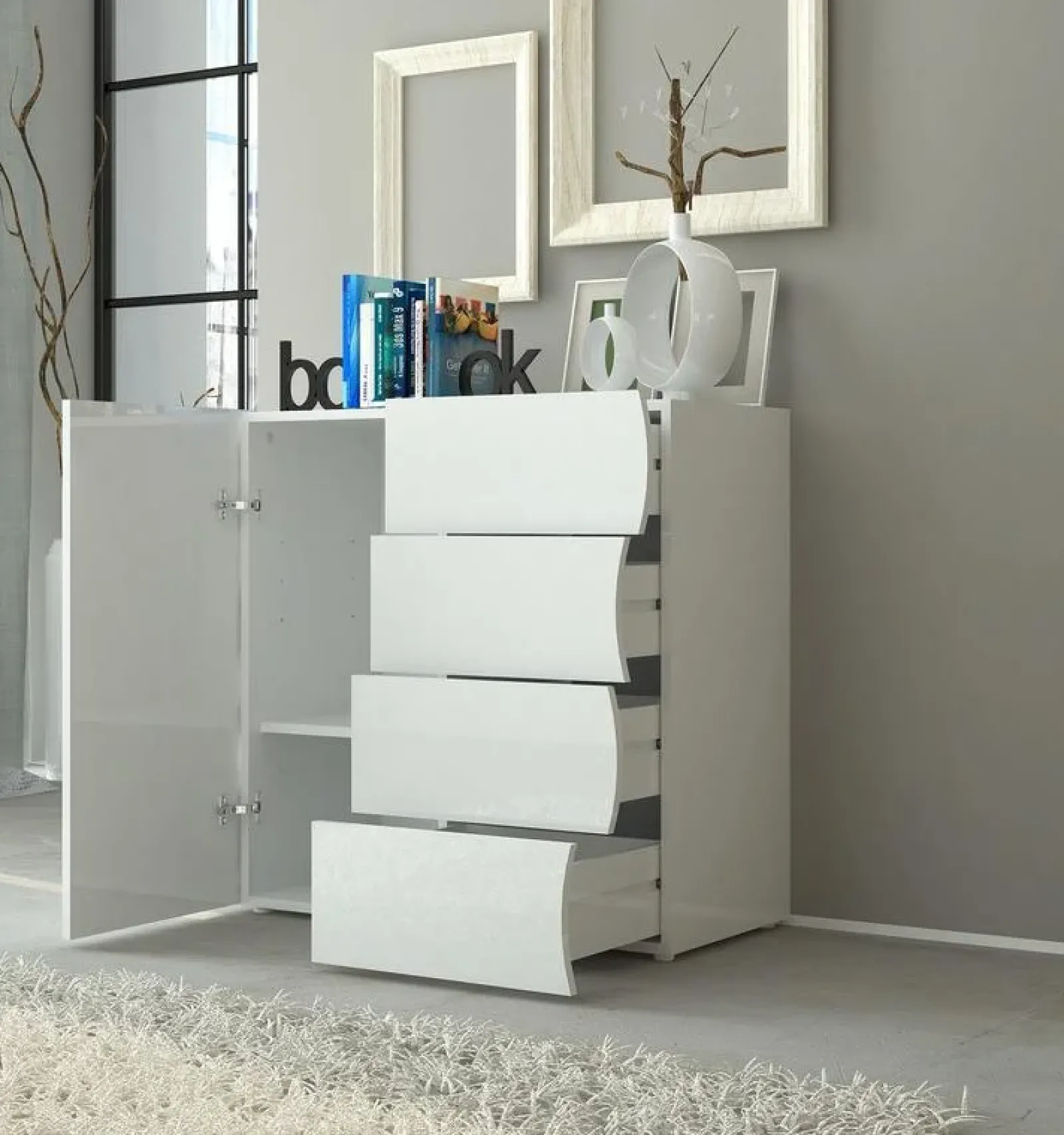 Garnero Arredamenti Credenze Moderne|Madie Moderne-Credenza 90x81h cm 1 anta 4 cassetti soggiorno bianco lucido Sea Gihome®