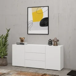 Garnero Arredamenti Credenze Moderne|Madie Moderne-Credenza 140x63h cm 2 ante 3 cassetti moderna soggiorno bianca Fusion Bianco Opaco