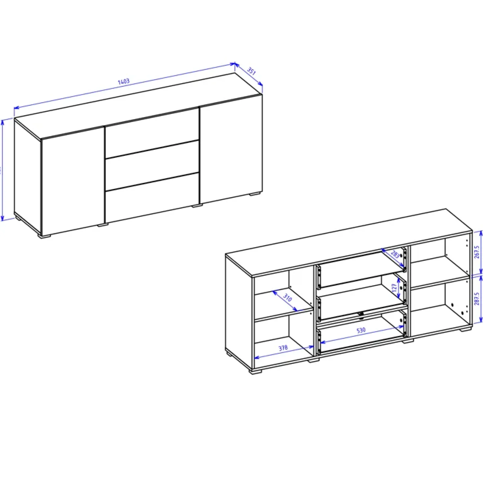 Garnero Arredamenti Credenze Moderne|Madie Moderne-Credenza 140x63h cm 2 ante 3 cassetti moderna soggiorno bianca Fusion Bianco Opaco